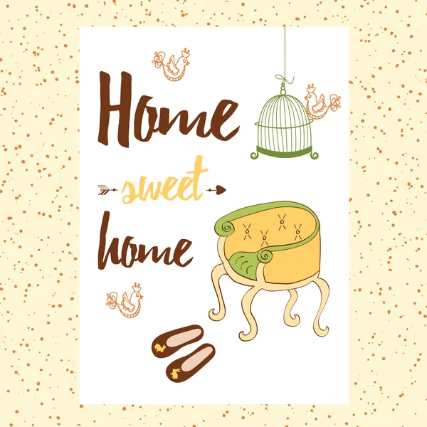 Accueil Sweet Home avec chaise, chaussures de maison, cage d'oiseau, oiseaux . — Image vectorielle
