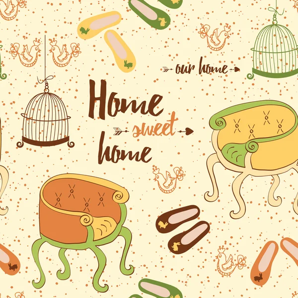 Seamless furniture pattern with cute colorful chairs, birds cage, home shoes and phrase 'Home sweet home'. — Stok Vektör