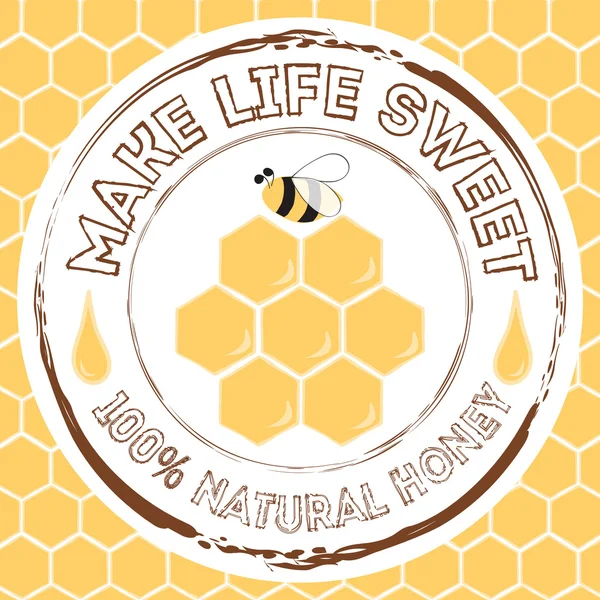 Timbre avec nid d'abeille dessiné à la main, miel et abeille fait sur une couleur jaune vif avec devis. Rendre la vie douce . — Image vectorielle