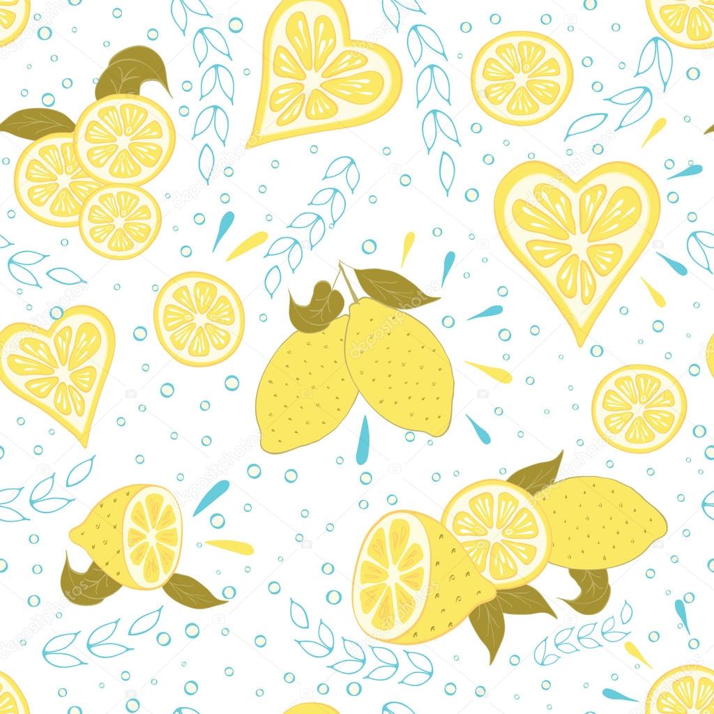 Fruit seamless hand drawn pattern with fresh yellow lemon and leaves.