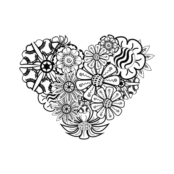 Patrón en forma de corazón para colorear libro. Floral, retro, garabato, vector, elemento de diseño. Fondo blanco y negro. zentangulo — Foto de Stock