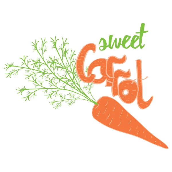 Zanahoria con hojas y texto 'Zanahoria dulce' aislada sobre el fondo blanco . — Vector de stock