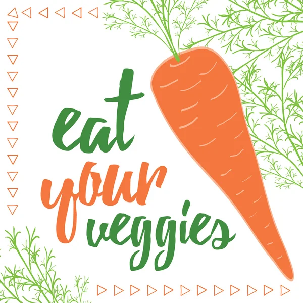 Citas de comida. Cómete tus verduras. Tarjeta de zanahoria ecológica . — Vector de stock