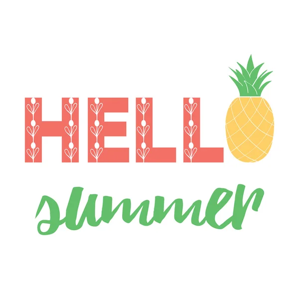 Brignt hand lettering banner with pineapple and message 'hello summer'. — Stock vektor