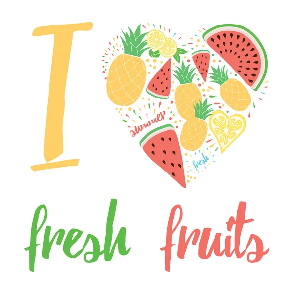 Handritad bokstäver färg kort med texten "Jag älskar färsk frukt" inredda frukter hjärta form. — Stock vektor