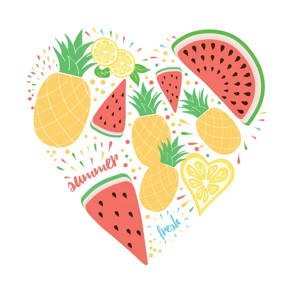 Bright color fresh fruits emblem: watermelon, lemon, pineapple on the heart shape. — Free Stock Photo