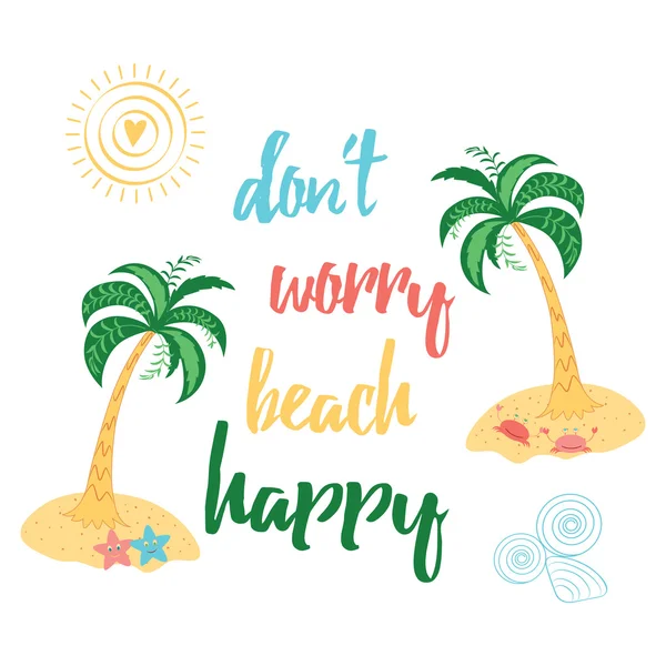 Summer color typography print with island, palm tree, sea animals and motivational quote. — Stock Vector