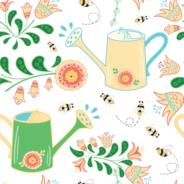Sulama olabilir, çayır çiçek ve arılar seamless modeli. — Stok Vektör