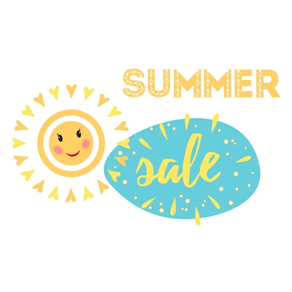 Метка летней продажи с улыбающимся символом вектора солнца — стоковый вектор