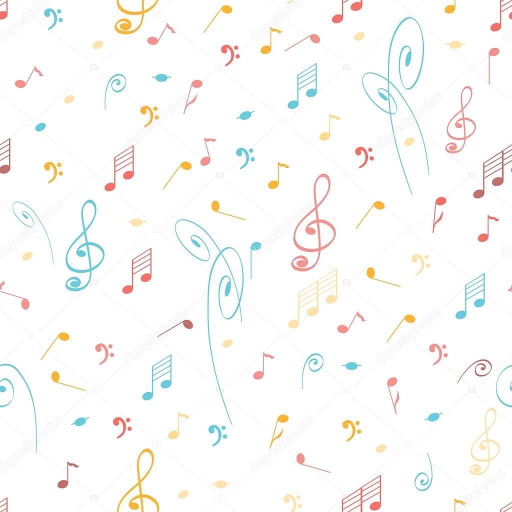 Abstract music seamless pattern background with colored notes and treble clef.