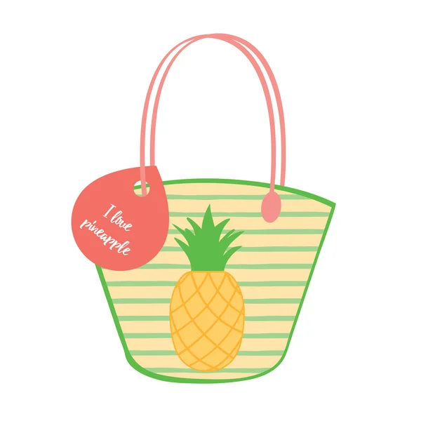 Print with woman bag decorated strips and pineapple isolated on the white. — Stock Vector