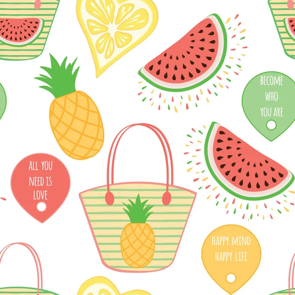 Plantilla de diseño de verano con frutas y bolso de playa mujer . — Vector de stock