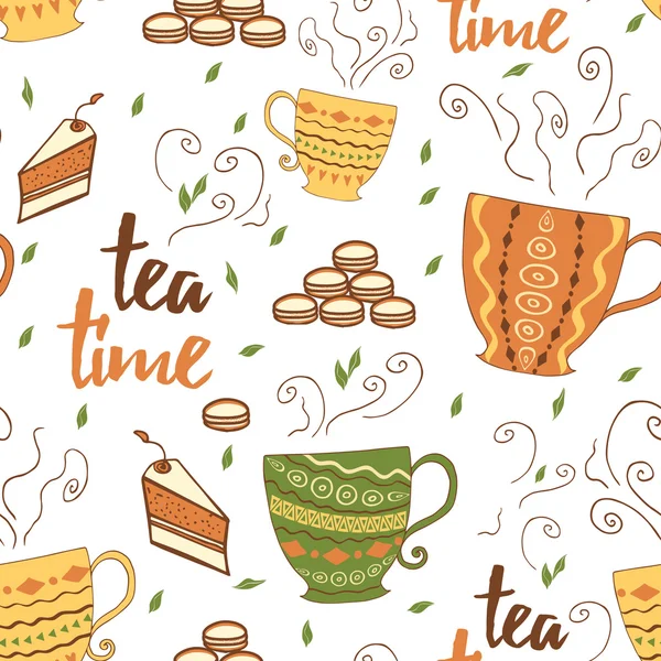 Tiempo de té fondo sin costuras con tazas y pastel . — Vector de stock