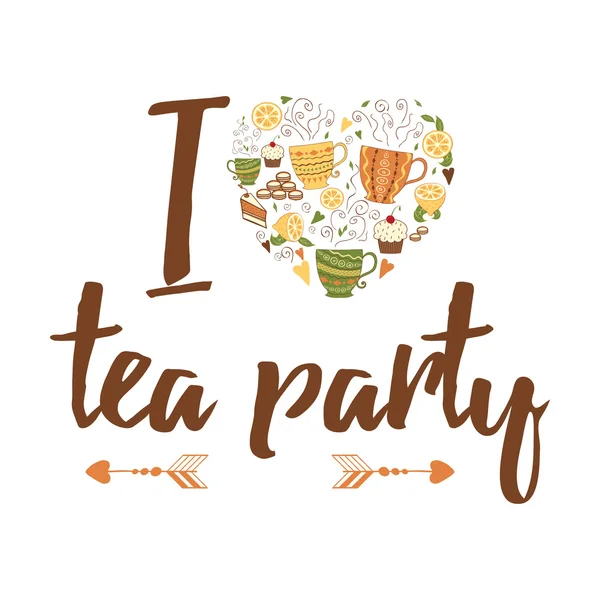 Projeto de cartão de festa de chá com forma de coração, copos e letras —  Vetores de Stock