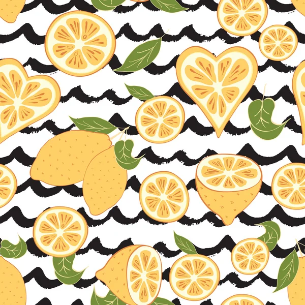 Sömlös dekorativa bakgrund med gula citroner och svarta grunge hand dras vågor. — Stock vektor