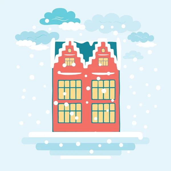 Cartão de Natal decorativo com casa de inverno e paisagem nevada Ano Novo — Vetor de Stock