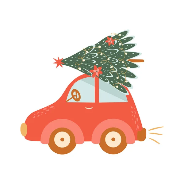 Árvore Natal Carro Árvore Natal Carro Vermelho Isolado Elemento Tempo — Fotografia de Stock