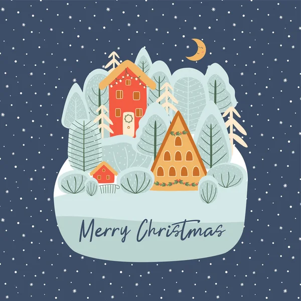 크리스마스 눈내리는 크리스마스 도시의 집들이 있습니다 나무들 마법의 배경과 카드와 — 스톡 벡터