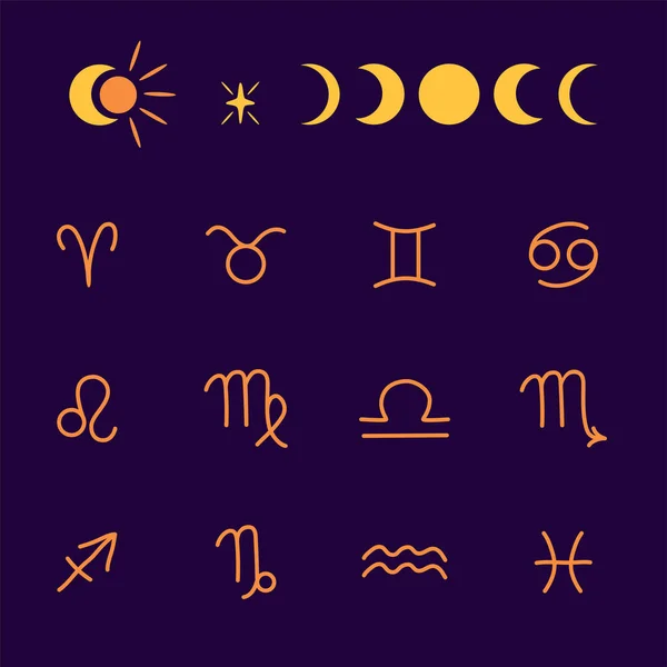 Clipart del zodíaco. Conjunto de iconos del símbolo del zodiaco. Luna, sol, estrella, clipart celestial, niños lindos símbolos astrológicos. — Archivo Imágenes Vectoriales