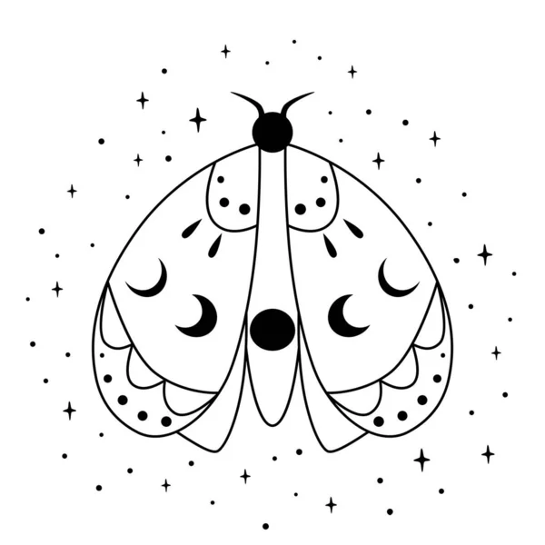 Духовная бабочка с таинственной луной. Волшебный элемент. страница раскраски бабочек. Линейное искусство. Эзотерическая иллюстрация. — стоковый вектор