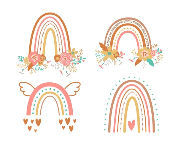 Conjunto arco iris floral Tribal boho chic rainbow flowers clipart Elemento gráfico bohemio rosa. Vector — Archivo Imágenes Vectoriales