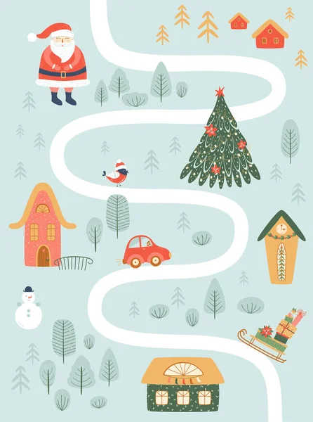 Mapa de Natal. Mapa de estradas de férias de inverno. Casa de Natal Village. Mapa do jogo de tabuleiro de inverno, floresta Santa. — Vetor de Stock