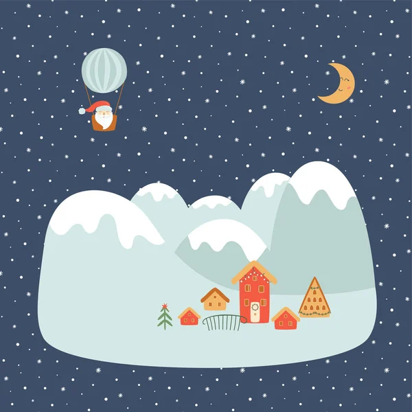 Weihnachtsberge Weihnachten Winterlandschaft Bei Nacht Dorfwinterszene Niedliche Waldhäuser Weihnachtsmann Heißluftballon — Stockvektor