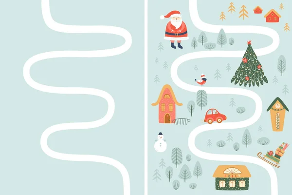 子供クリスマスマップ作成者 クリスマス旅行の風景 冬の冒険マップ サンタクロースの文字 村の家 雪だるま 贈り物 冬のボードゲームマップテンプレート ベクターイラスト — ストックベクタ