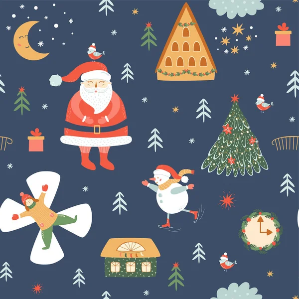 Bambini Carta Parati Natale Con Babbo Natale Casa Inverno Luna — Vettoriale Stock