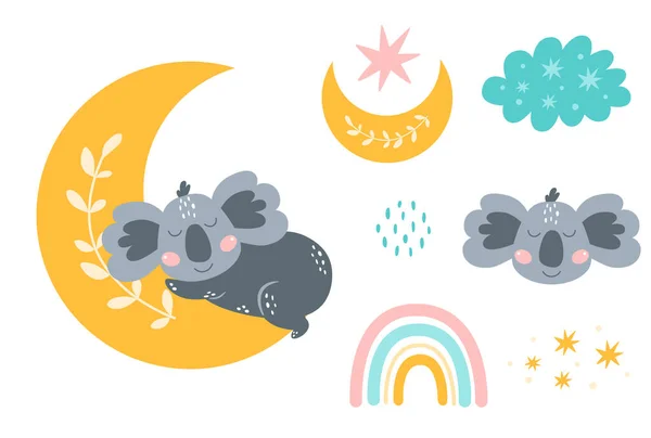 Gute Nacht Isoliertes Element Süße Träume Zerplatzen Mond Träumender Koala — Stockvektor