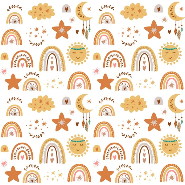 Baby rainbow pattern. Baby tribal pattern. Cute kids nursery seamless background. Cute cloud, stars, sun, boho moon, kids neutral paper. Bohemian baby brown illustration. Hand drawn pastel rainbows.