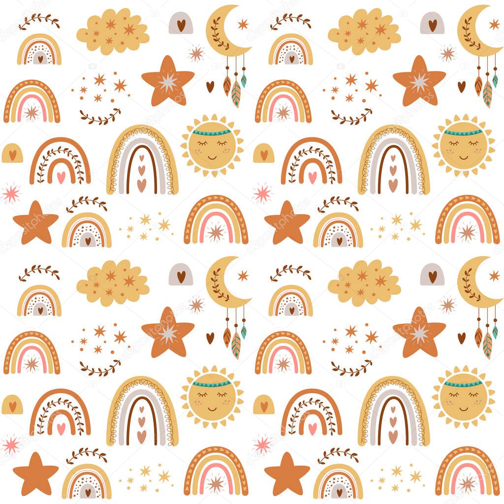 Baby rainbow pattern. Baby tribal pattern. Cute kids nursery seamless background. Cute cloud, stars, sun, boho moon, kids neutral paper. Bohemian baby brown illustration. Hand drawn pastel rainbows.