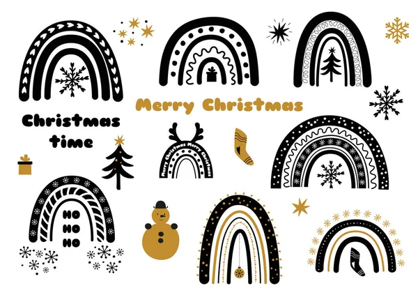 圣诞彩虹设置 冬天的彩虹圣诞树 圣诞快乐的文字 黑色可爱的彩虹元素孤立的节日插图 冬天的时候除夕之夜流行的北欧物件 — 图库照片