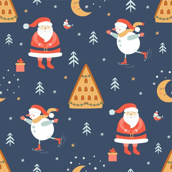 Kerstman Schattig Naadloos Patroon Santa Kinderachtige Tekening Achtergrond Woud Winterhuis — Stockvector