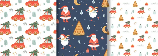 メリークリスマスのパターンを設定します ツリーとクリスマス車 かわいいサンタクロース 雪だるま 冬の森 漫画のベクトルの背景 クリスマストラックのシームレスな背景 新年のベクターイラスト — ストックベクタ