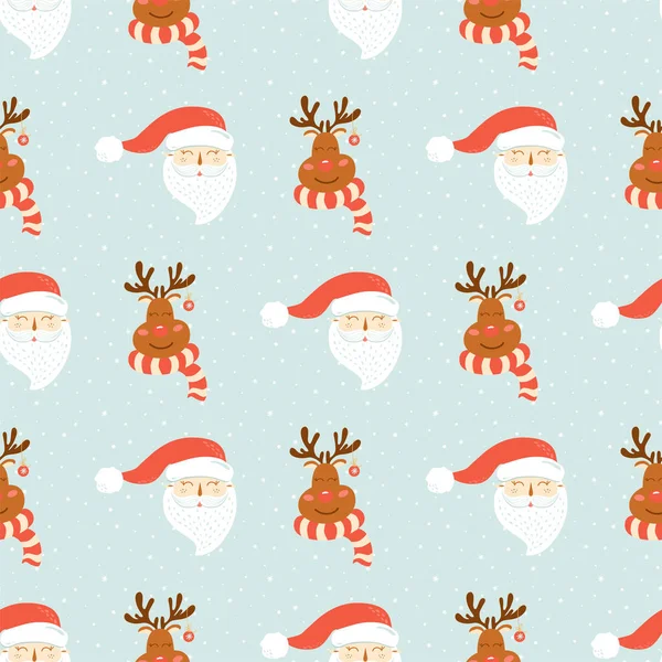 Kerstman Patroon Kerst Vector Achtergrond Cartoon Kerstman Hoofd Herten Leuke — Stockvector