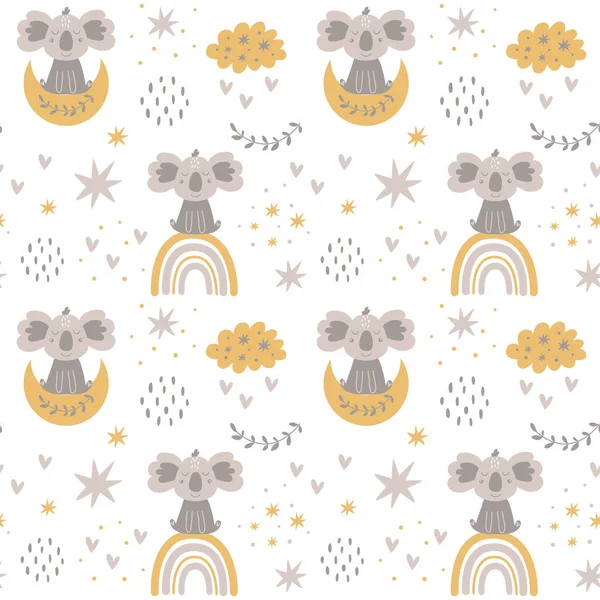かわいいコアラとムーンレインボー保育園赤ちゃんシームレスパターン 子供の雲 星の背景 柔らかい赤ん坊の印刷物 ライトキッズファブリックデザイン 眠っている保育園のパターン ベビーコアラベクトルイラスト — ストックベクタ