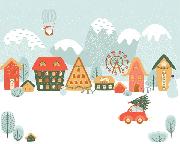 Magical Christmas village in mountains. Winter village, countryside, Christmas landscape, car. Cute cartoon background — Stock Vector