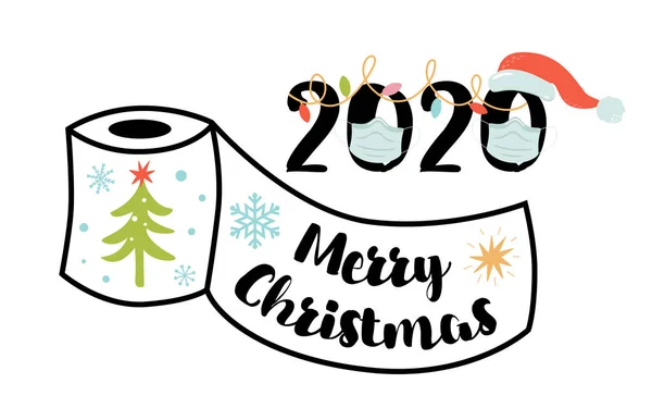 Lockdown Weihnachten 2020 Frohe Weihnachten unter Quarantäne mit Toilettenpapier, medizinische Gesichtsmaske isoliertes Element — Stockvektor