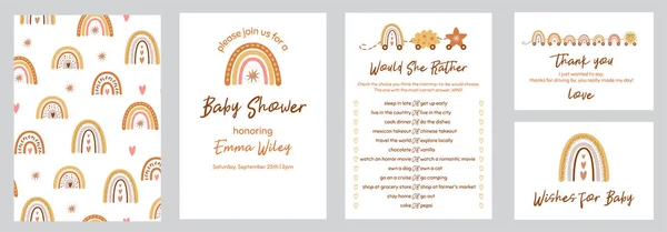 Baby Shower Cards Template Set Gender Neutral Invtation Rainbow Thank — Stock Vector