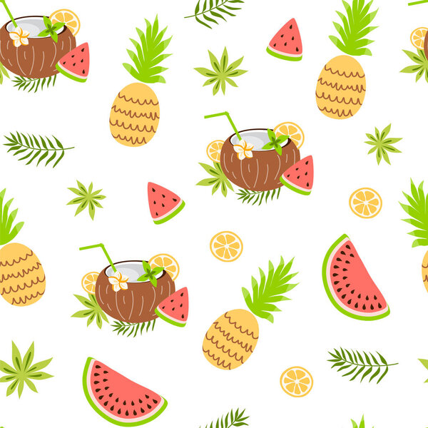 Exotic fruit seamless pattern. Summer tropical fruits background. Coconut, watermelon, pineapple, jungle leaves. Summer fresh fruits textile design wrapping paper cover,wallpaper. Summer illustration.
