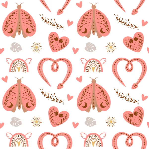 Boho Valentines Day Pattern Pink Cute Bohemian Butterfly Snake Heart — Stock Vector