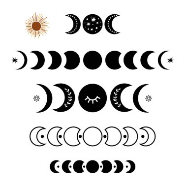 Black moon phase logo set. Boho moon symbol. Black moon cycle. Full moon, crescent isolated. Celestial graphic element. Astronomy, astrology clipart. Bohemian botanical ornate. Simple illustration. clipart