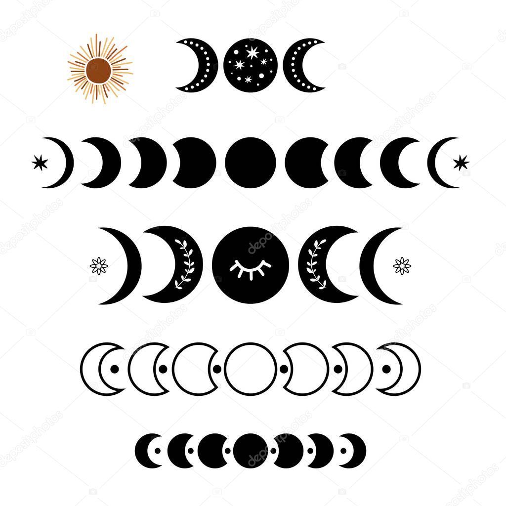 Black moon phase logo set. Boho moon symbol. Black moon cycle. Full moon, crescent isolated. Celestial graphic element. Astronomy, astrology clipart. Bohemian botanical ornate. Simple illustration.
