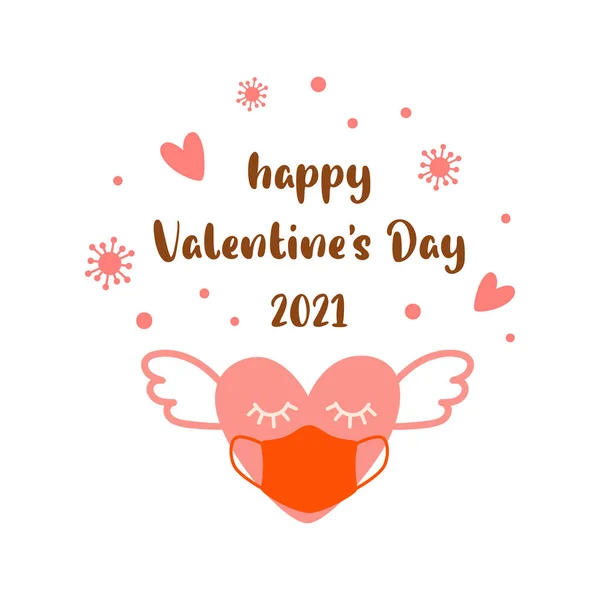 Χαρούμενη ημέρα του Αγίου Βαλεντίνου 2021 Covid Coronavirus 14 Φεβρουαρίου Ροζ καρδιά σε μάσκα με φτερό Πανδημία στοιχείο αγάπης — Φωτογραφία Αρχείου