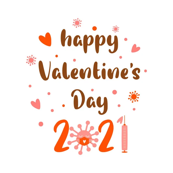 Covid Valentines Day2021. Karanténní stříkačka s koronavirovým symbolem. Růžové izolované 2021 rok konceptu lásky. — Stock fotografie