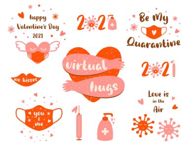 2021 'deki Covid Sevgililer Günü' nde Coronavirus Sevgililer Günü 'ne pembe unsurlar eklendi. Kalp, tıbbi yüz maskesi, karantina