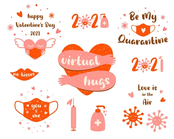 Covid día de San Valentín 2021 conjunto de elementos rosados Coronavirus San Valentín clipart día. Corazón, mascarilla médica, cuarentena — Vector de stock