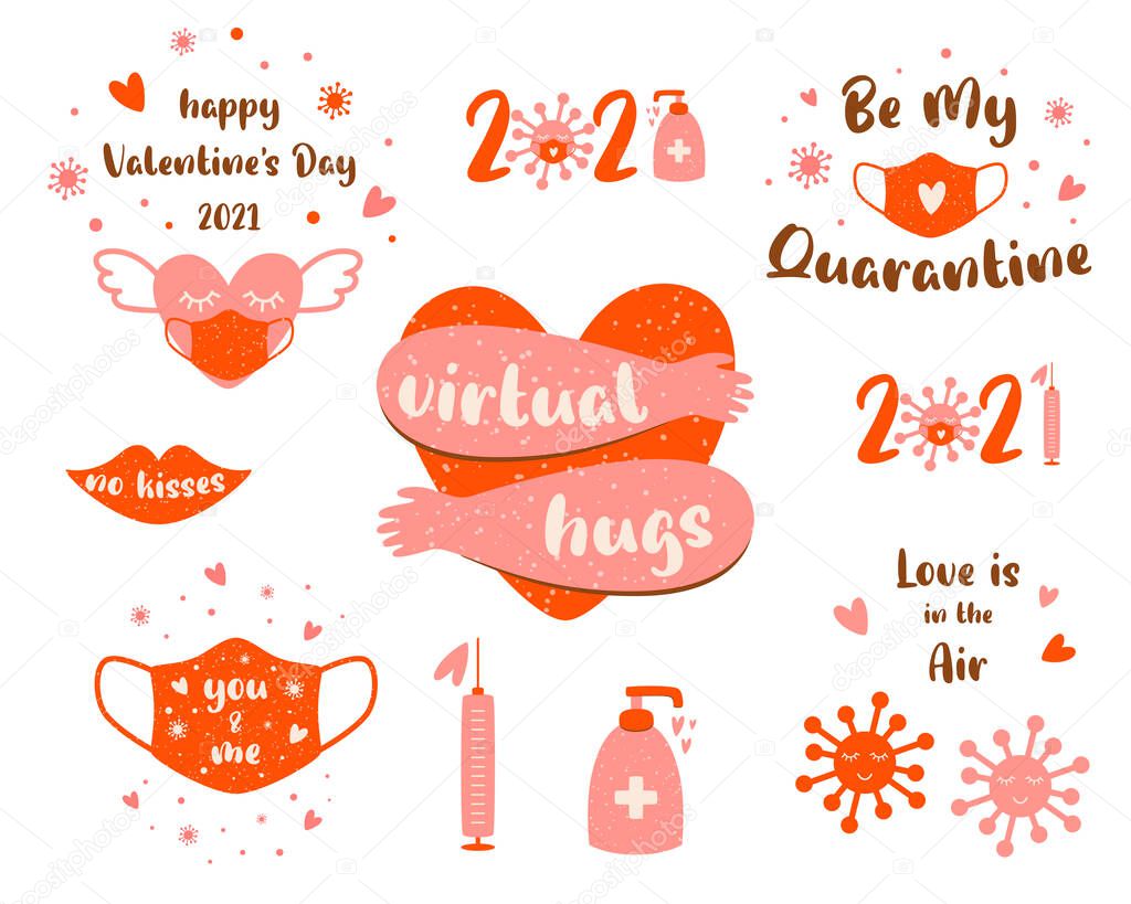 Covid Valentines day 2021 set pink elements Coronavirus Valentines day clipart. Heart, lmedical face mask, quarantine