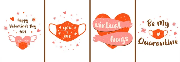 Conjunto de tarjetas Covid Valentines. Banner de distancia social rosa. Mascarilla rosa, corazón en máscara médica, abrazos virtuales — Vector de stock